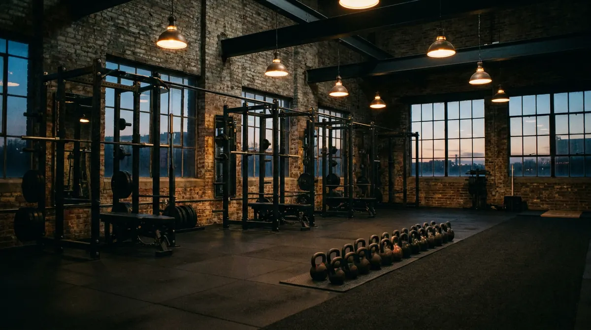 The Ironworks training floor: squat racks under factory windows at dusk